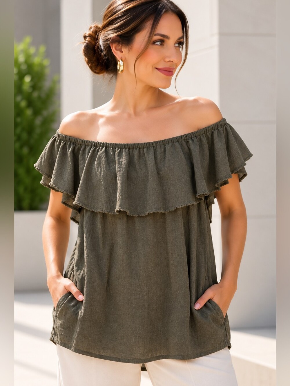 Free People Olive Green Off-the-Shoulder Ruffle Tunic – Size S